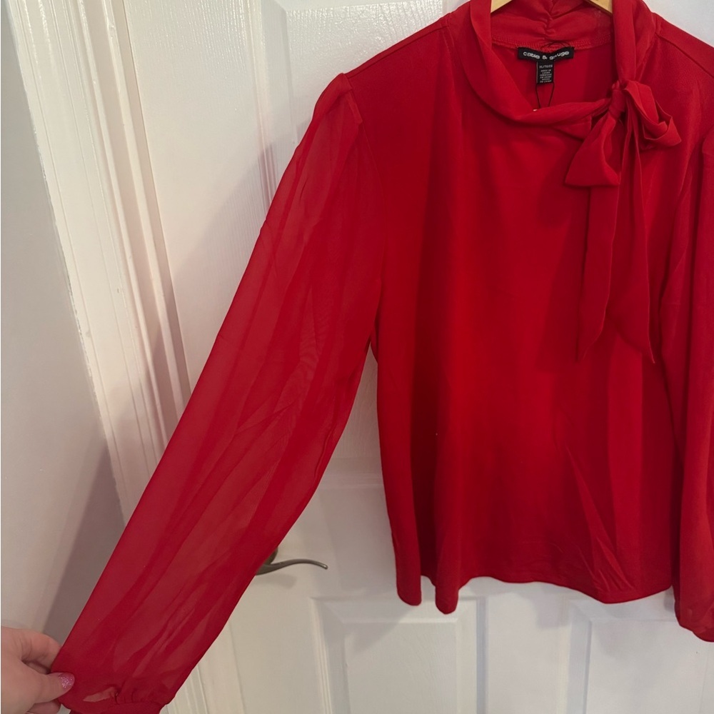 Cable & Gauge Red Tie-Neck Long-Sleeve Blouse - Picture 3 of 6